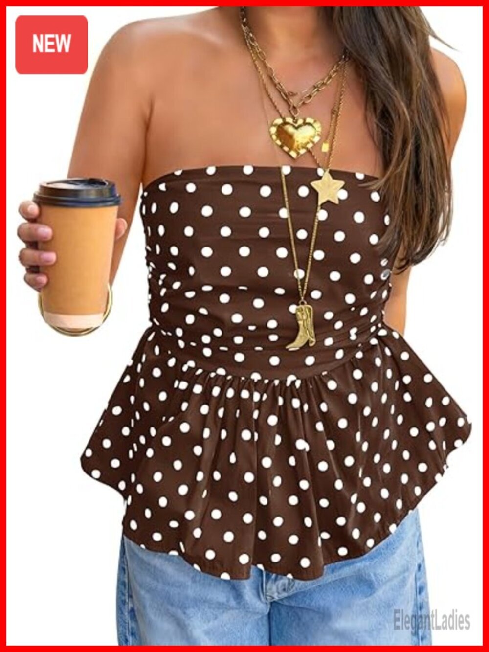 Strapless Bandeau Tube Top with Polka Dot Pattern and Ruffled Hem